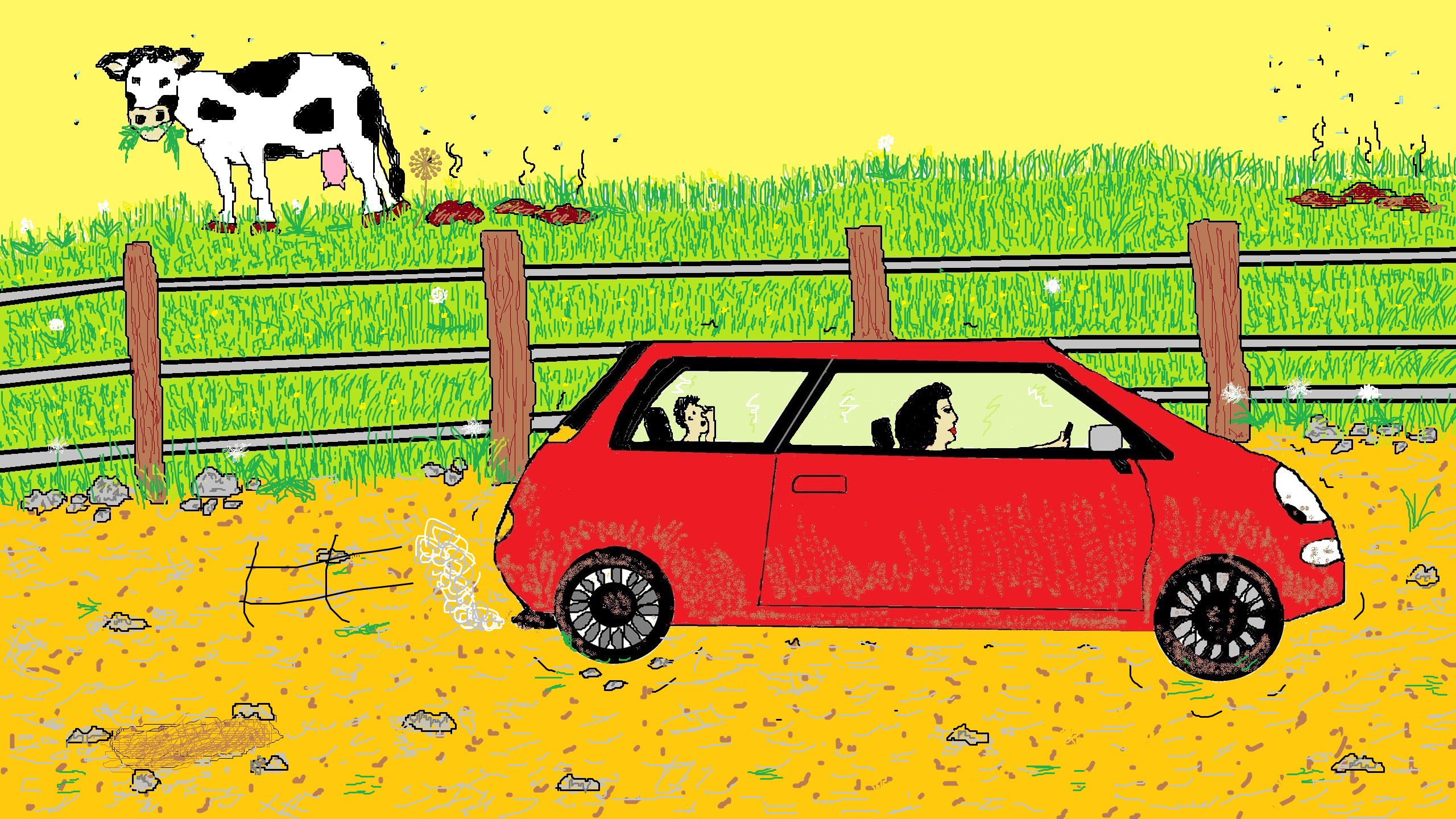 Auto fährt an Weide vorbei